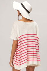 Fuchsia V Neck Striped Short Sleeve Top - Stylish Comfort, Tops, $ 45.00, A Moment Of Now™